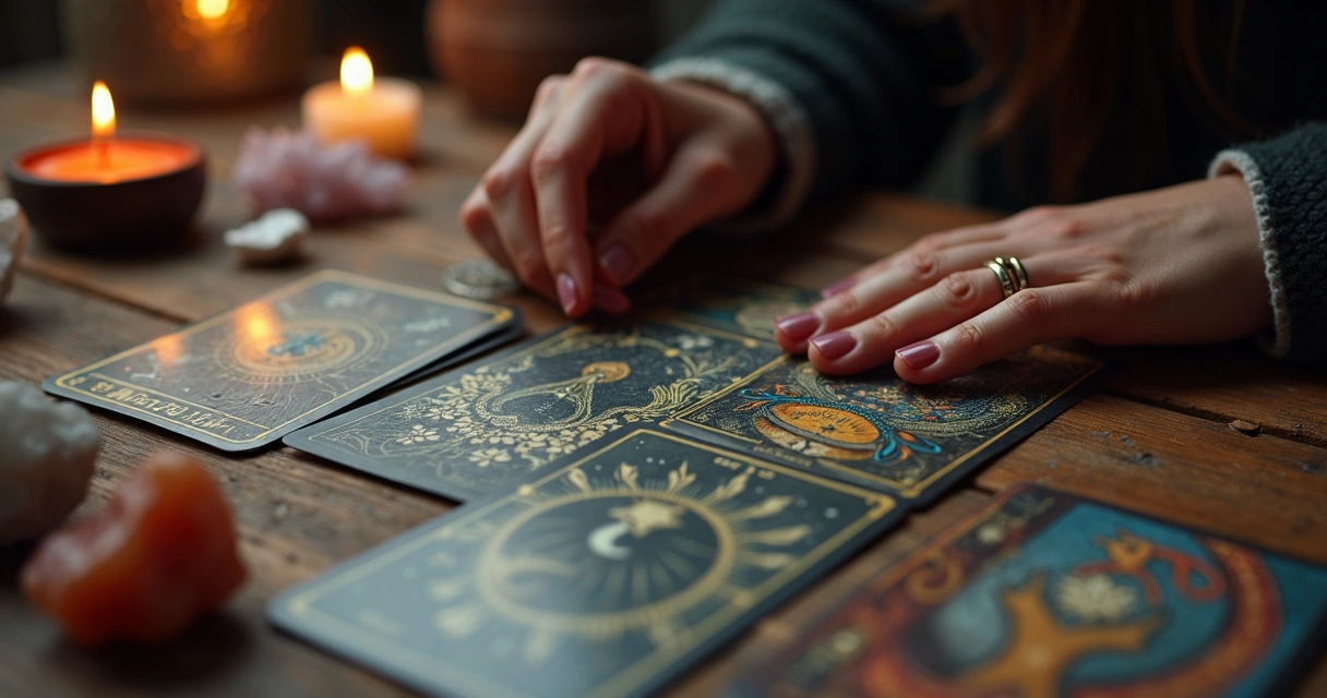Cartas de tarot e mãos femininas sobre mesa mística 