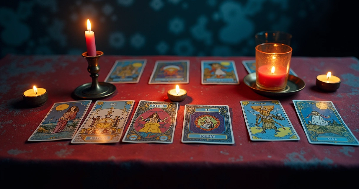 Cartas de Tarot dispostas sobre uma mesa de madeira, com velas e símbolos esotéricos, criando uma atmosfera mística.