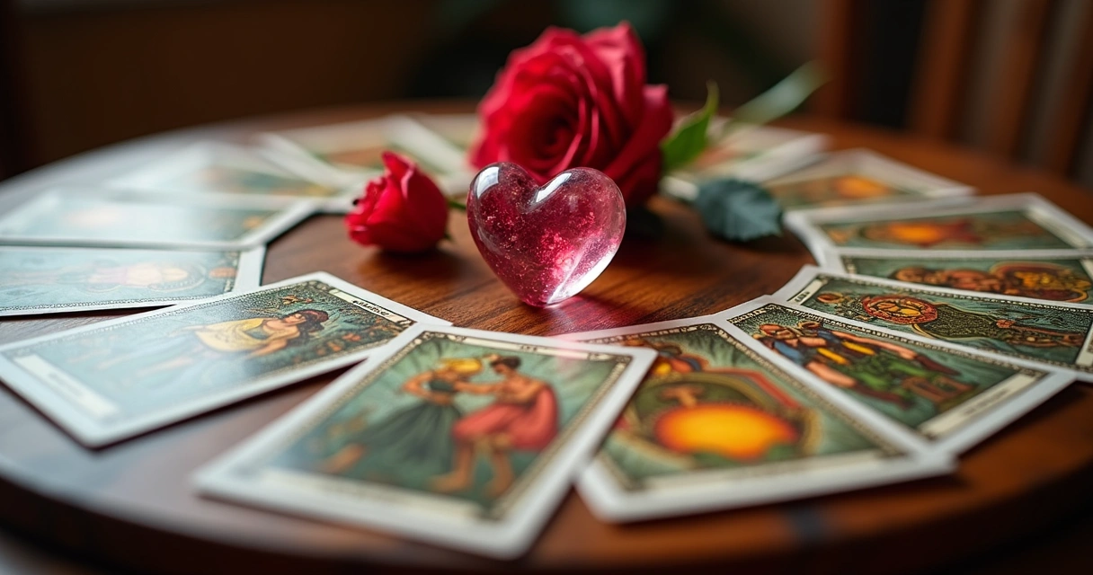 Cartas de tarot dispostas em círculo, com foco em cartas de amor e símbolo de coração 