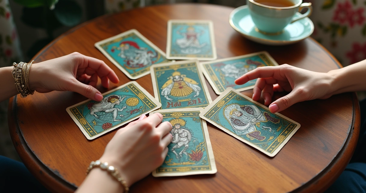 Cartas de tarot dispostas em círculo sobre uma mesa de madeira, com mãos femininas movendo uma carta