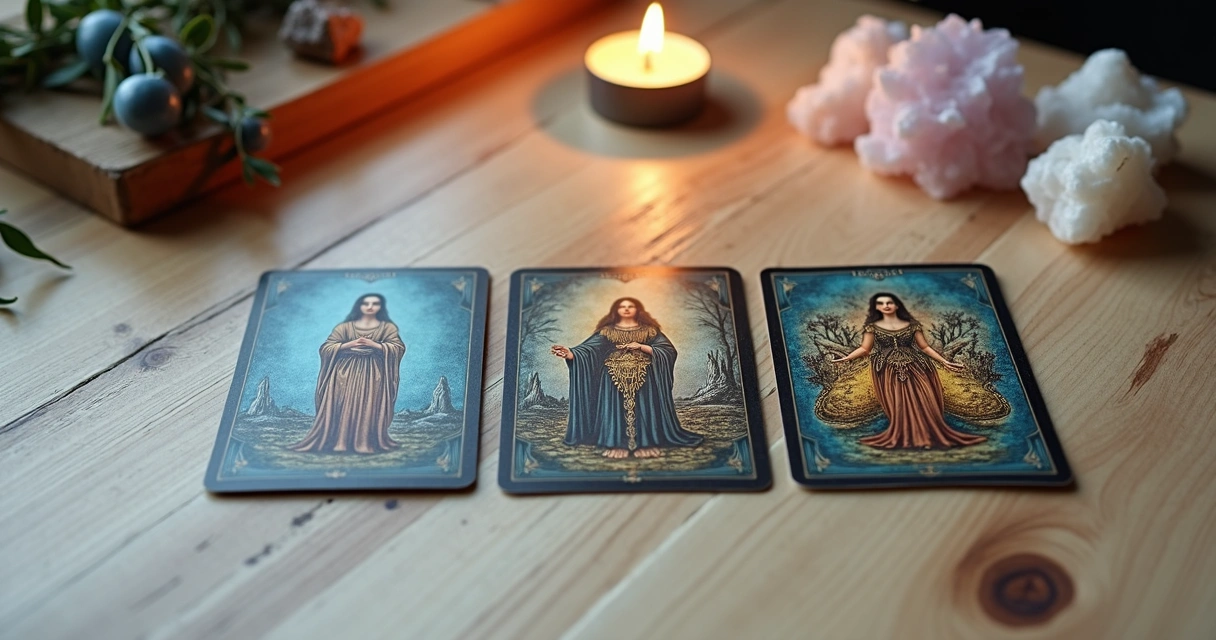 Três cartas de tarot, O Eremita, A Temperança e A Justiça, dispostas em cima de uma mesa de madeira clara, com cristais e uma vela ao lado. 