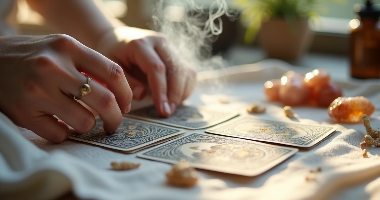 Tarot limpo ao lado de cristais energizados em tecido branco