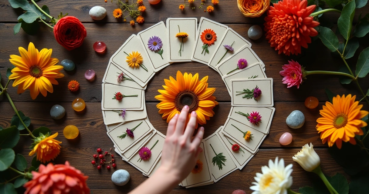 Baralho de cartas de flores disposto em círculo ao lado de flores naturais e pedras coloridas. 