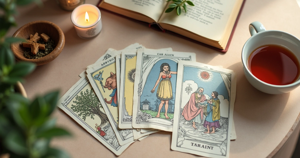 Cartas de Tarot dispostas sobre uma mesa com objetos de bem-estar ao redor 