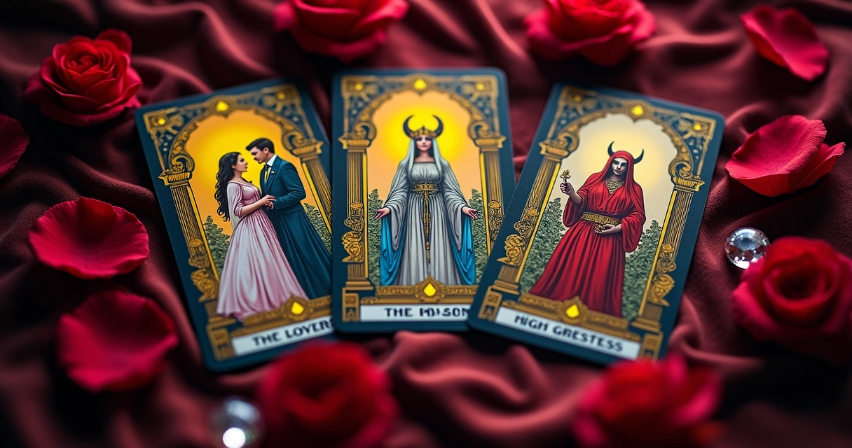 Cartas de tarot Os Amantes, A Sacerdotisa e O Diabo dispostas lado a lado 