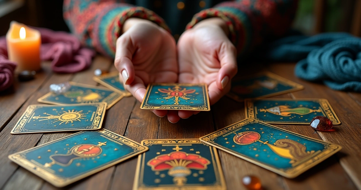 Cartas de tarot dispostas sobre uma mesa, algumas viradas para baixo, com detalhes dourados 
