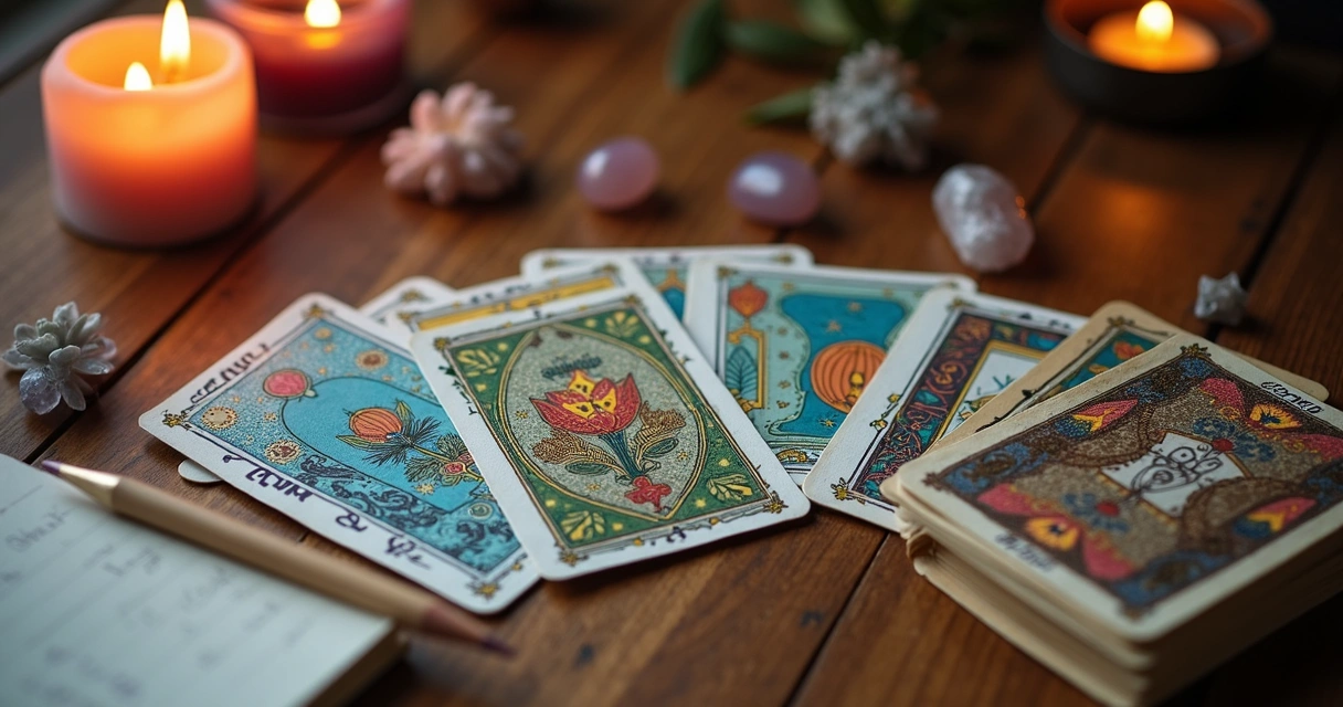 Cartas Lenormand dispostas em mesa com velas nas laterais
