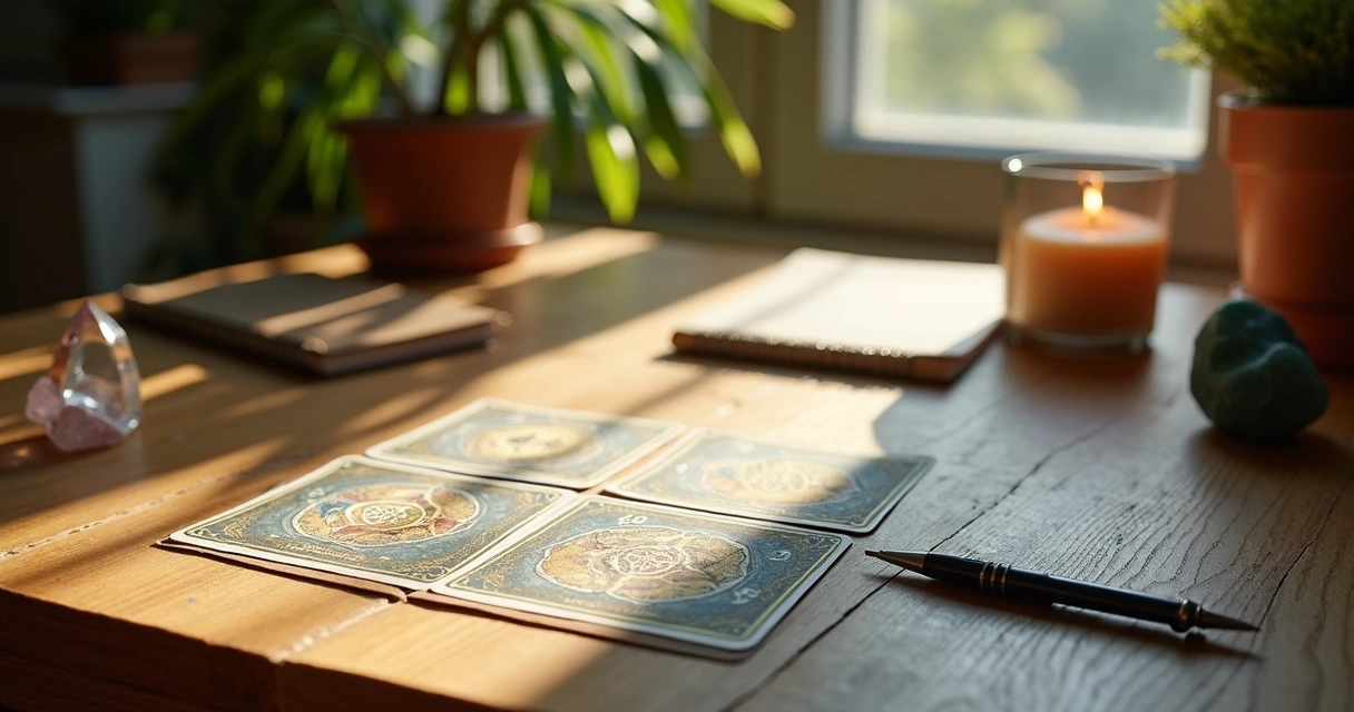 Mesa de consulta com cartas Lenormand abertas 