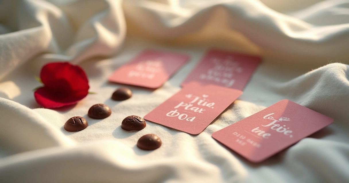 Love Cards e chocolate sobre lençol branco 
