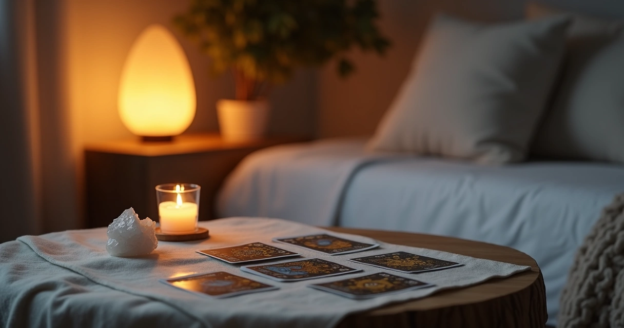 Cartas de tarot espalhadas sobre uma toalha clara com vela acesa ao lado 