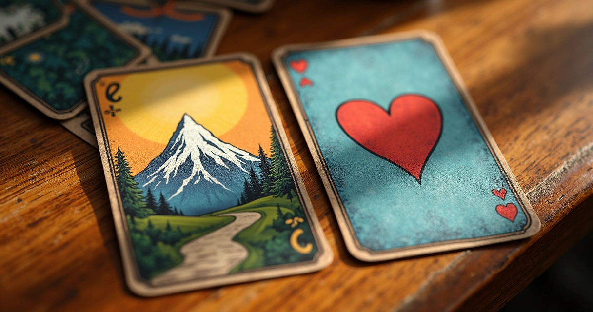 Cartas de baralho cigano incluindo montanha e coração lado a lado