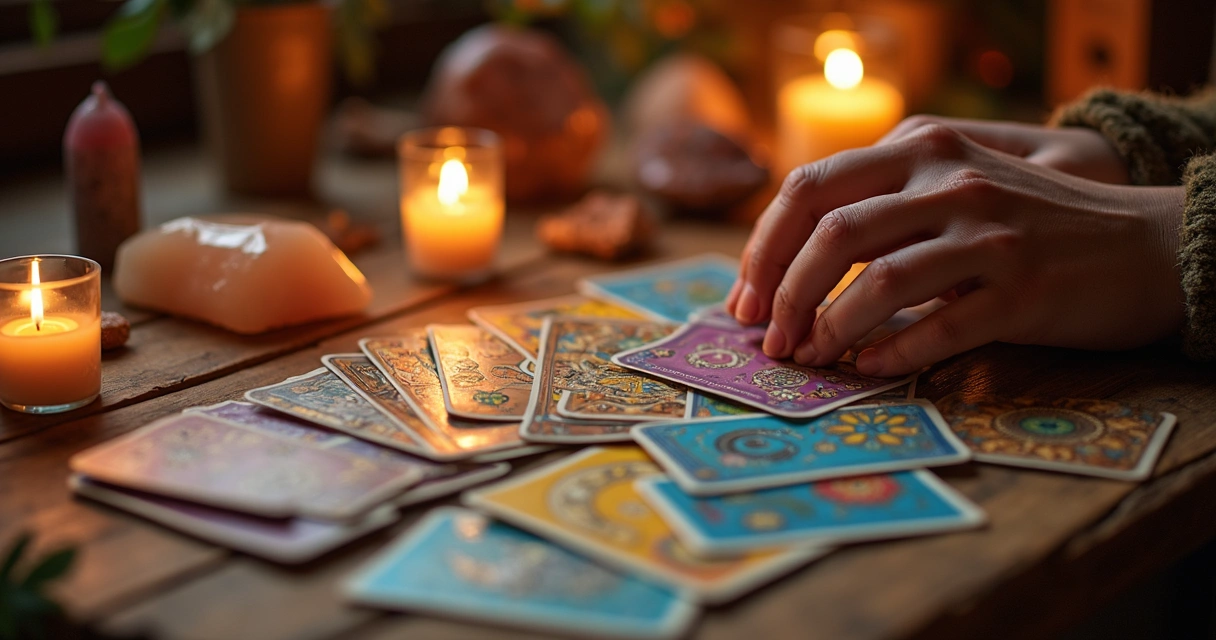 Mesa colorida com cartas de numerologia e velas 