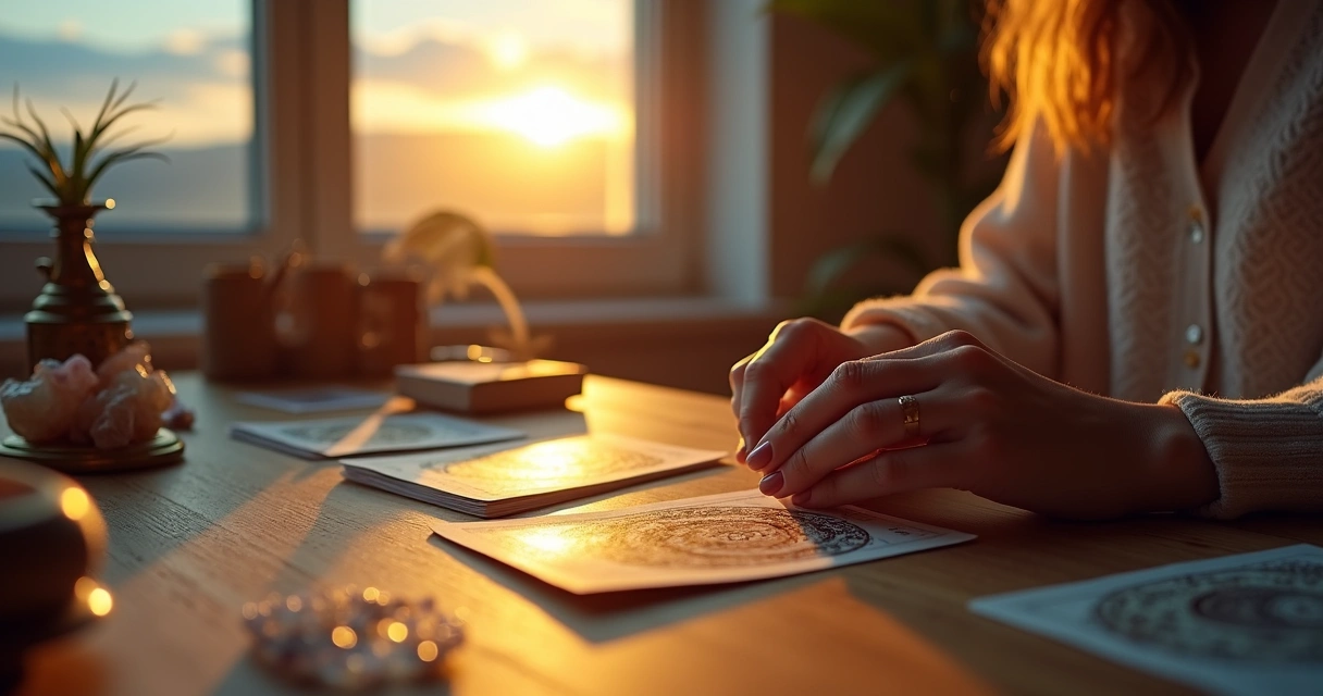 Cartas de oráculo ao amanhecer em mesa de madeira 