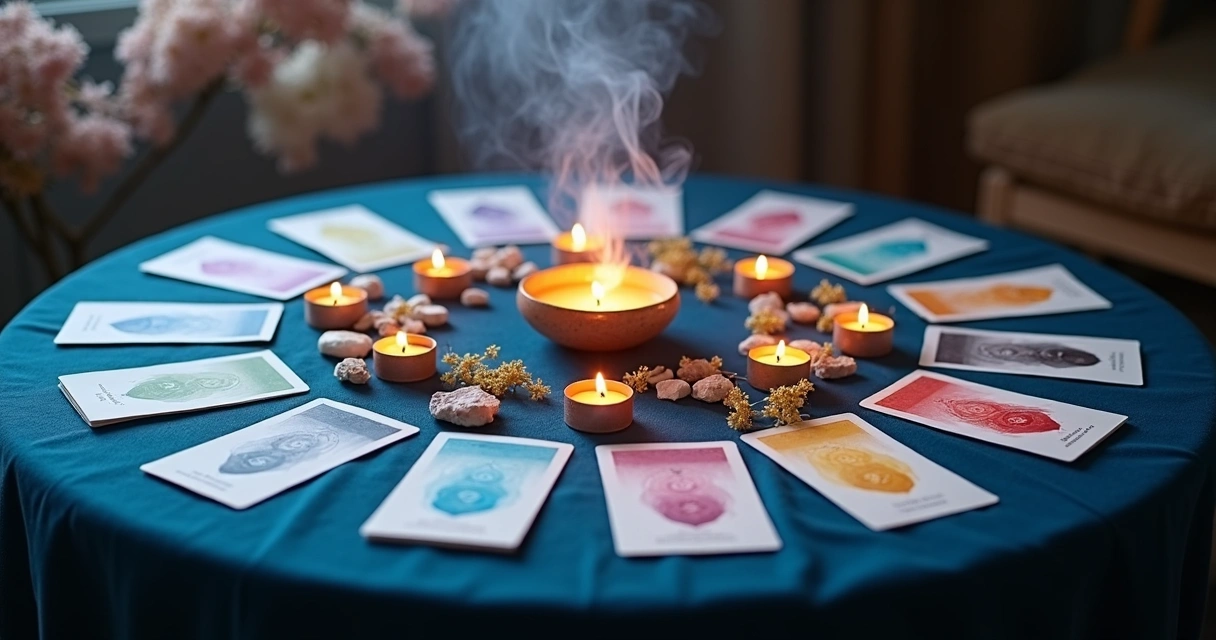 Cartas de oráculo dispostas em forma de círculo sobre toalha azul, velas pequenas acesas ao redor