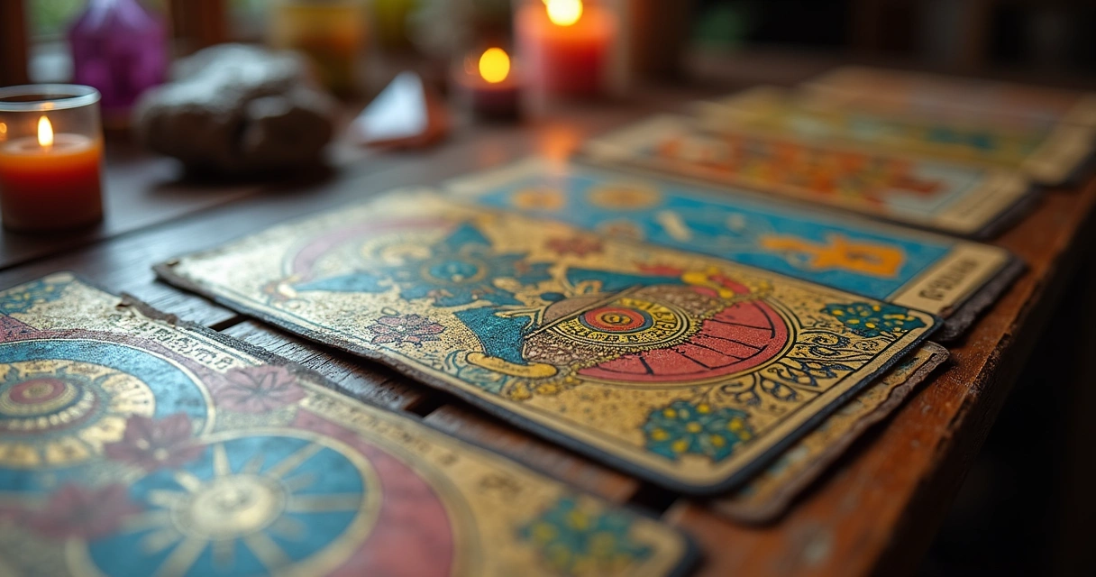 Cartas de oráculo coloridas dispostas em mesa de madeira 