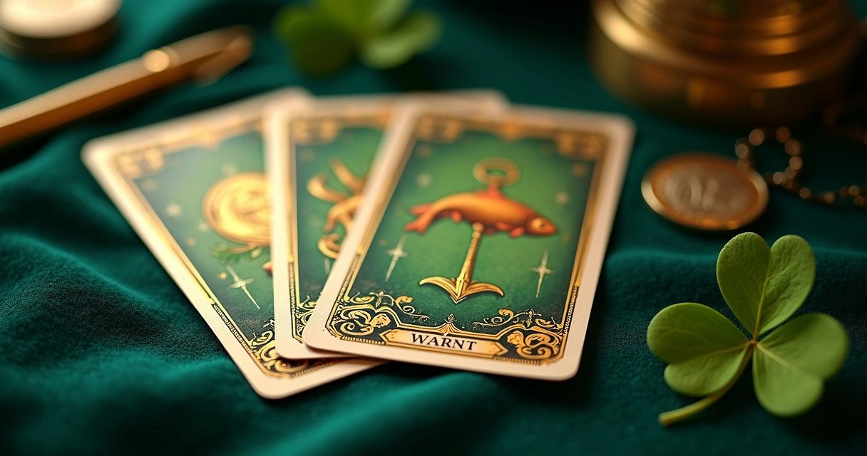 Cartas de baralho cigano em destaque mostrando símbolos de prosperidade 