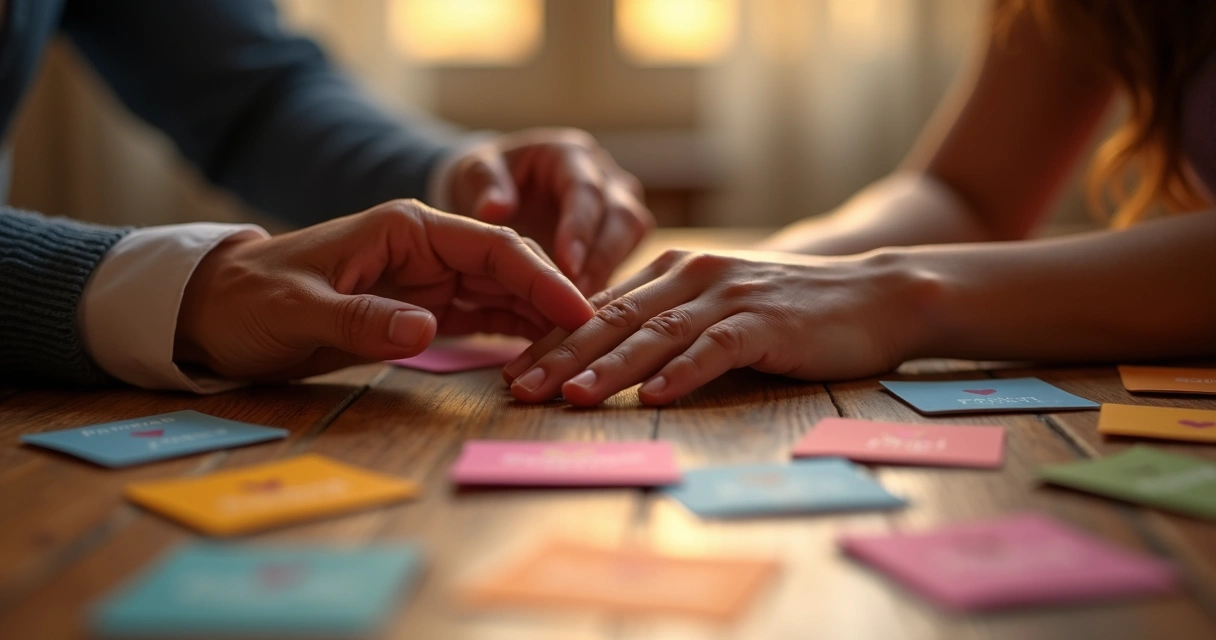 Cartas de casal organizadas sobre uma mesa com duas mãos entrelaçadas ao fundo