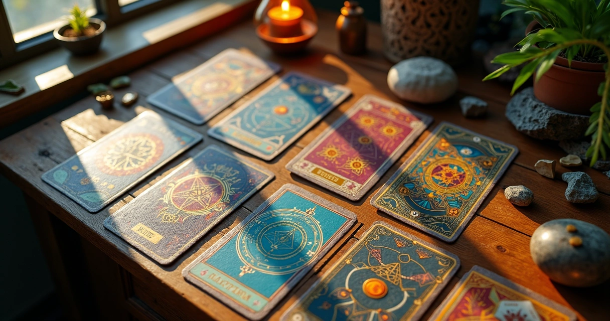 Cartas de tarot, runas e símbolos místicos espalhados em mesa de madeira clara. 