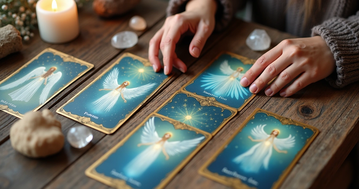 Cartas de tarô dos anjos coloridas sobre mesa de madeira 