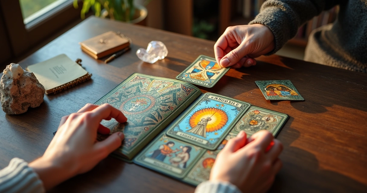 Cartas do tarô cigano abertas em uma mesa de madeira