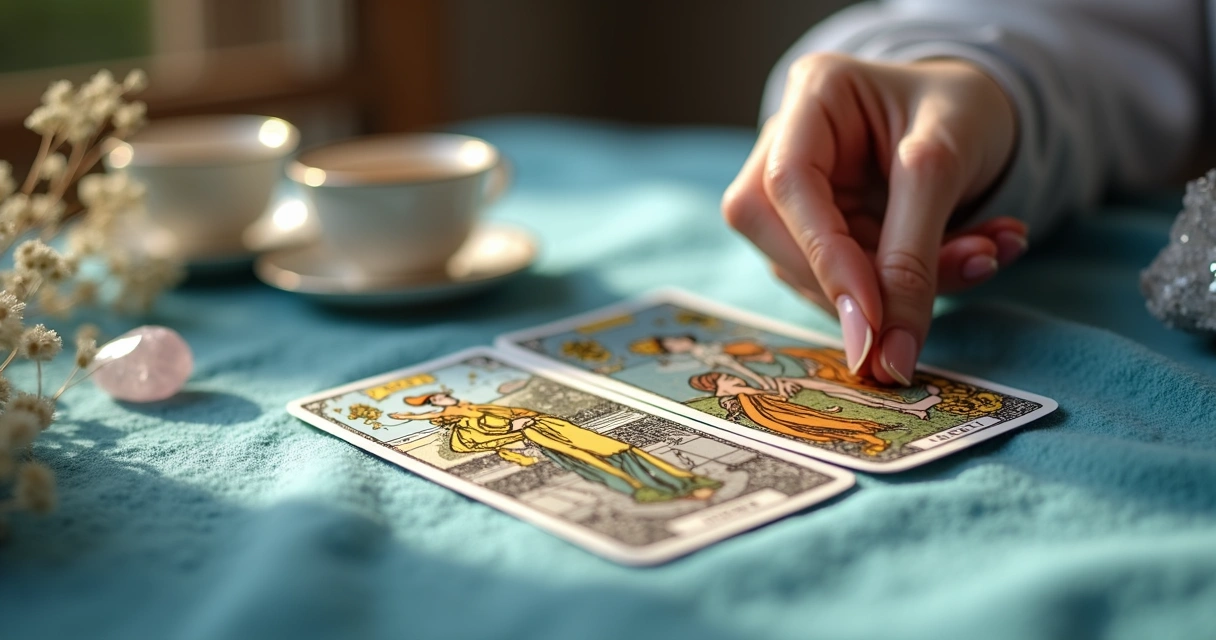 Cartas de tarot sobre uma mesa de feltro azul, mãos femininas posicionando cartas com delicadeza 