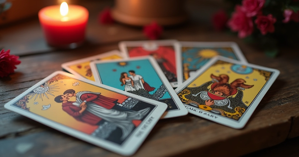 Cartas de tarot representando amor em mesa de madeira 
