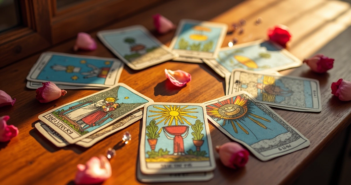 Cartas do tarot para o amor dispostas em círculo sobre uma mesa