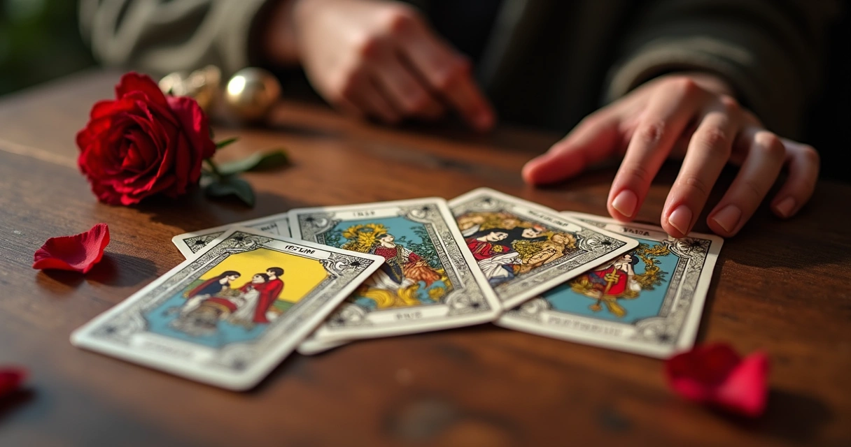 Mesa com cartas de tarot dispostas para uma leitura amorosa