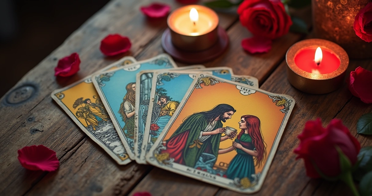 Cartas de tarot espalhadas em uma mesa de madeira