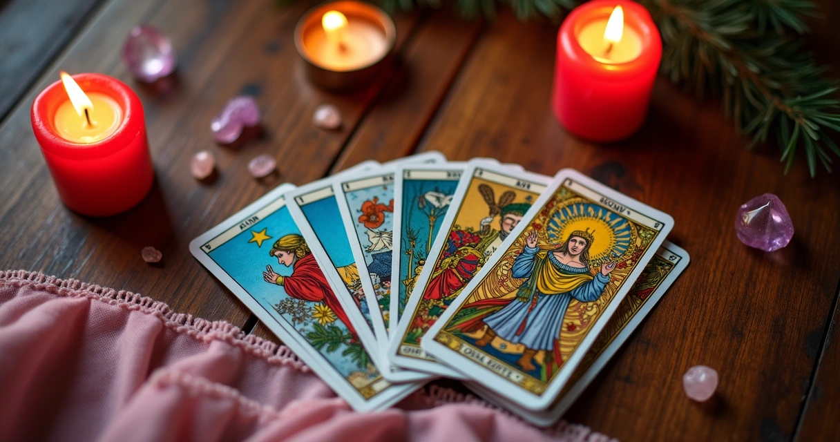 Tarot cards and candles on a wooden table 