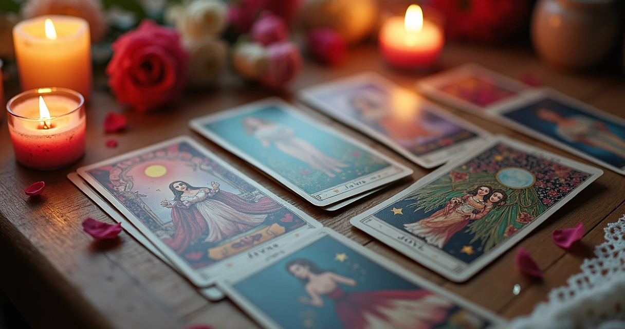 Mesa com cartas de tarot abertas e velas ao fundo.
