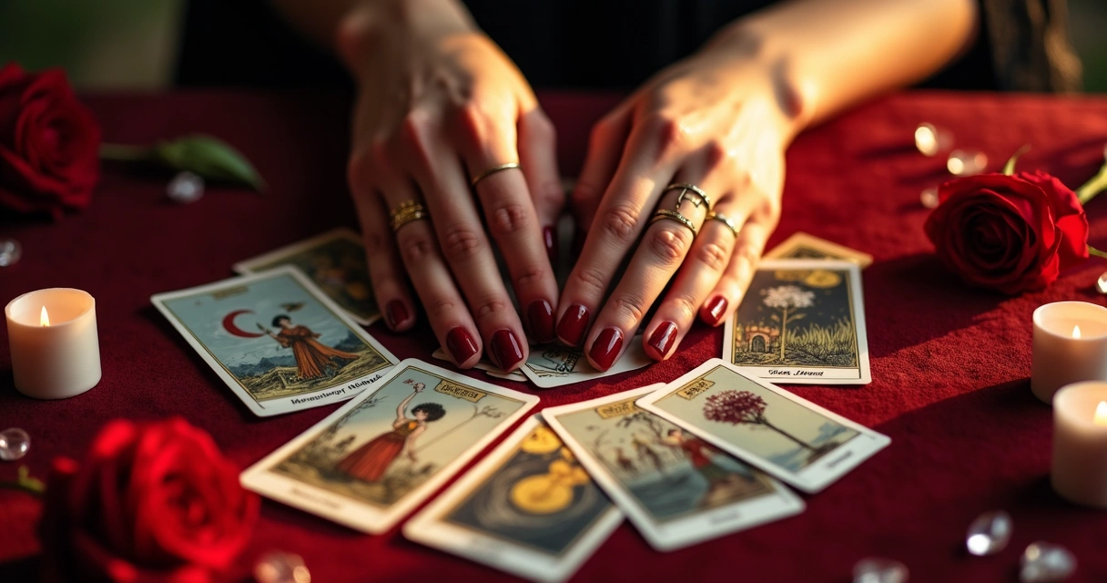 Cartas de tarot dispostas em uma mesa de veludo com mãos femininas próximas 