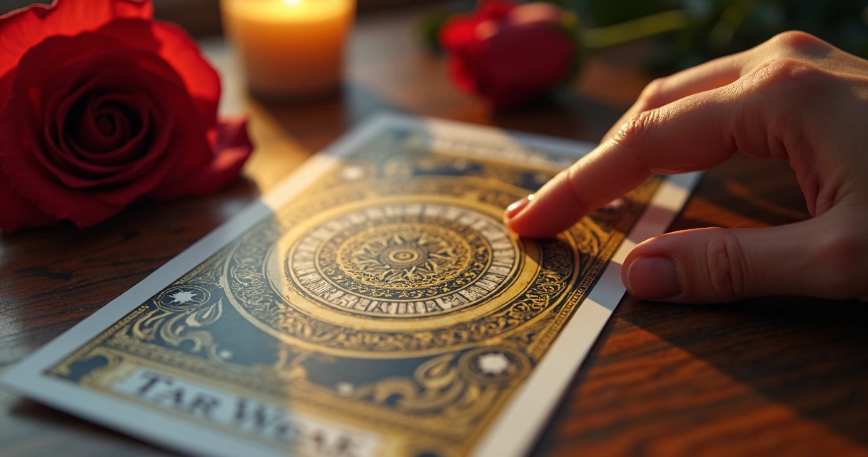 Cartas de tarot dispostas em mesa com flor ao lado 