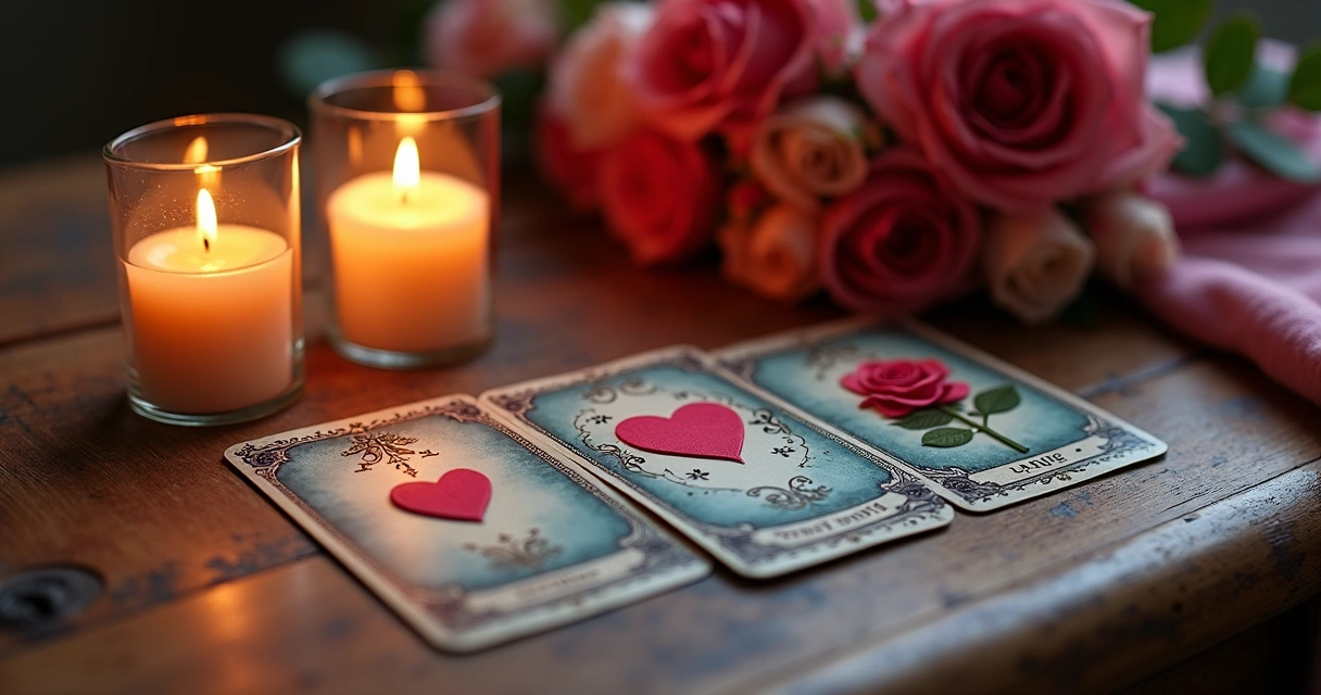 Cartas de tarot voltadas para o amor sobre mesa com velas 