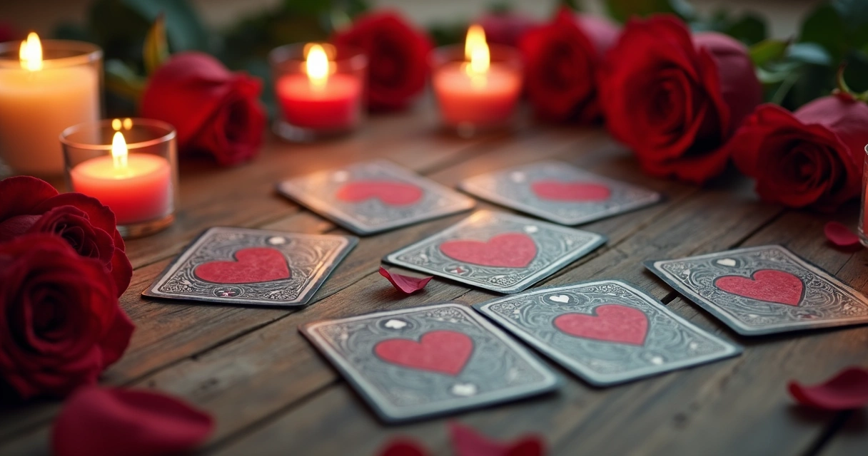 Cartas de tarot com símbolos românticos sobre uma mesa de madeira
