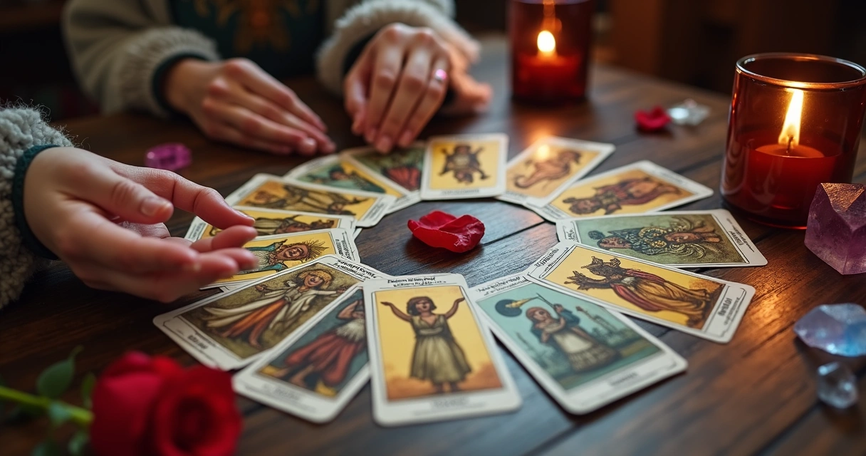Cartas de tarot abertas formando um círculo em mesa esotérica 