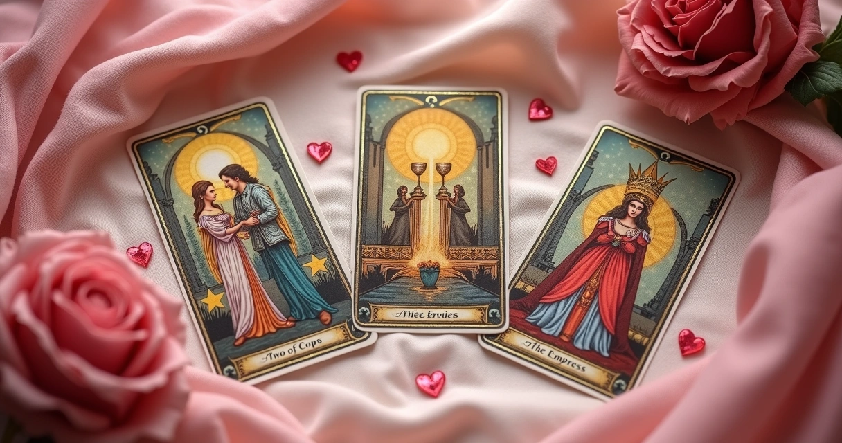 Cartas de tarot Os Amantes, Dois de Copas e A Imperatriz lado a lado 
