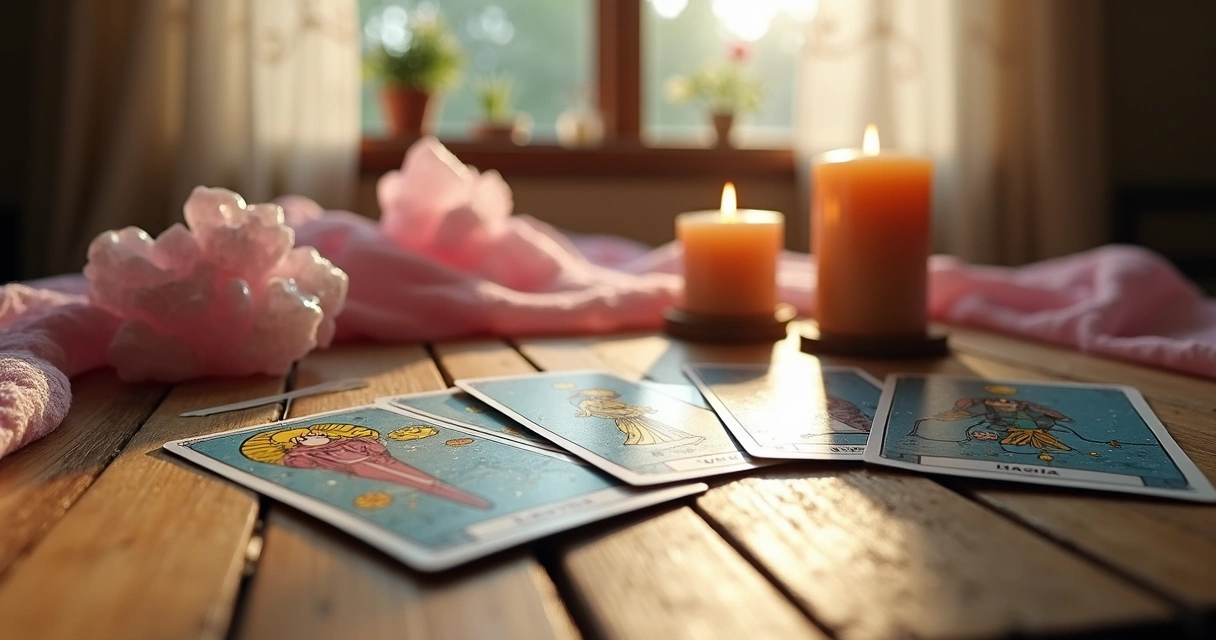 Cartas de tarot em uma mesa, enfoque nos arcanos maiores de amor 