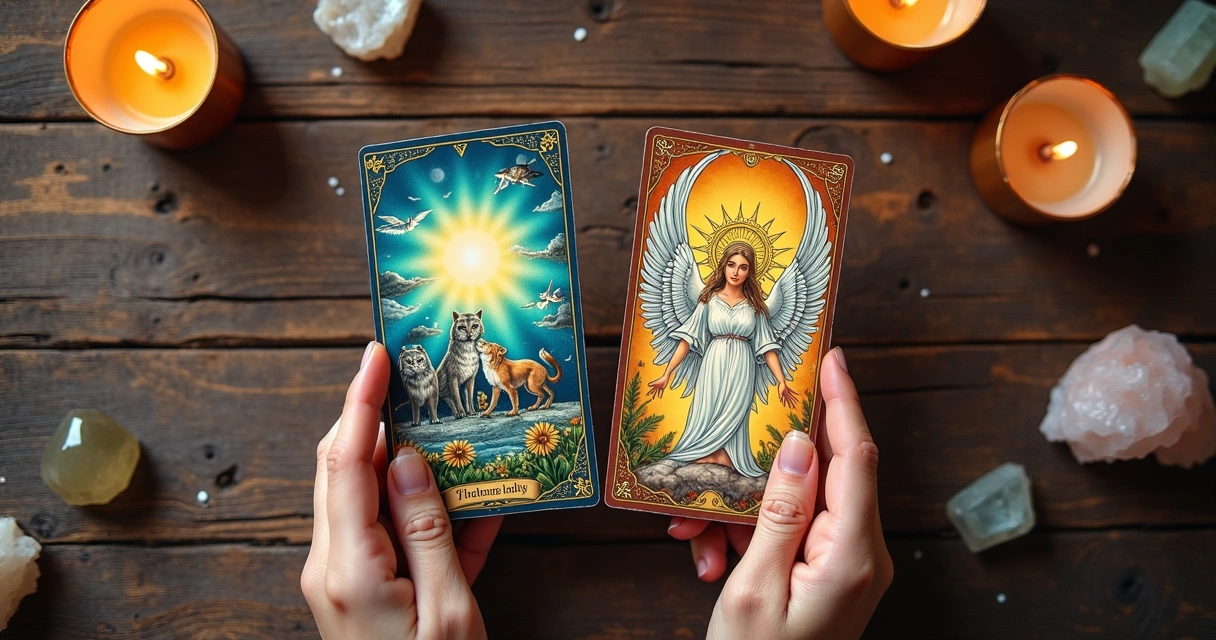 Cartas de tarot dos anjos e dos animais lado a lado na mesa 