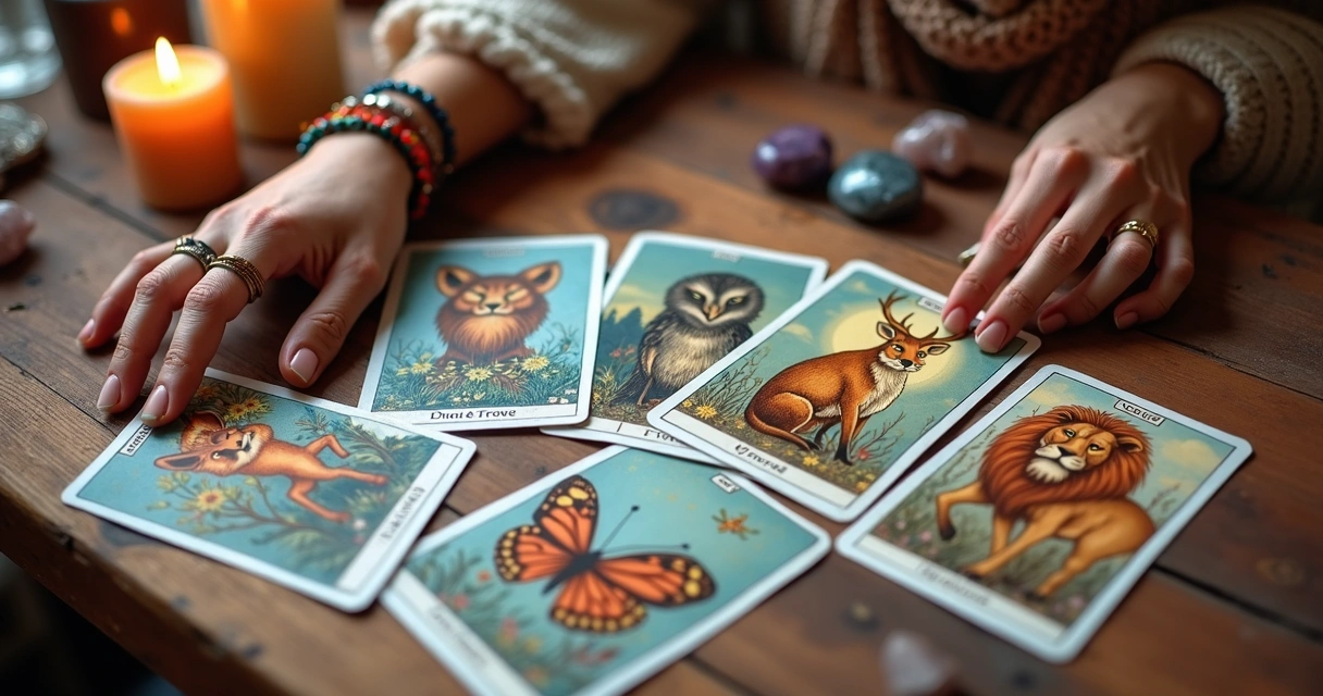 Cartas de tarot animal ilustradas mostradas em leque sobre mesa com animais variados 