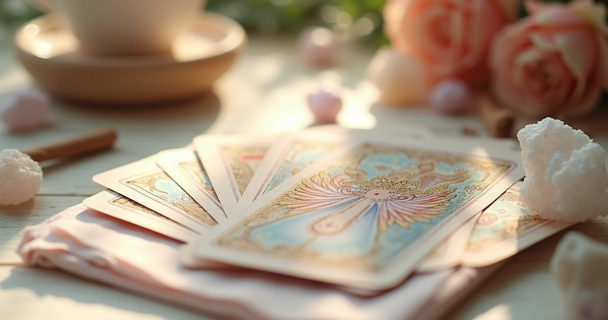 Cartas do Tarot dos Anjos dispostas sobre mesa clara com cristais e incenso ao redor. 