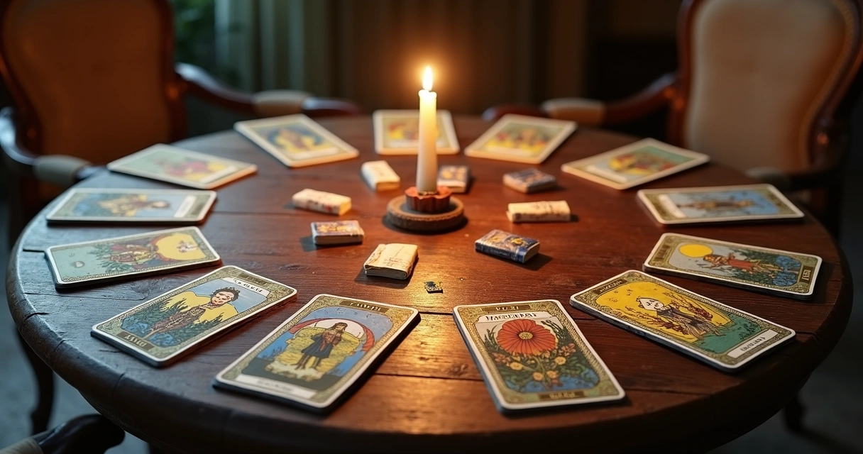 Mesa com cartas de tarot dispostas em círculo, representando meses do ano 