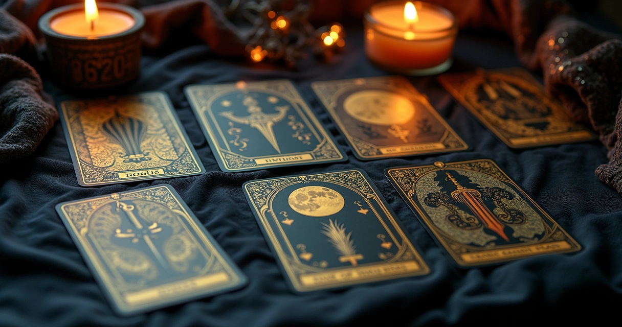 Cartas de tarot lado a lado em um tecido escuro, mostrando ilustrações diversas 
