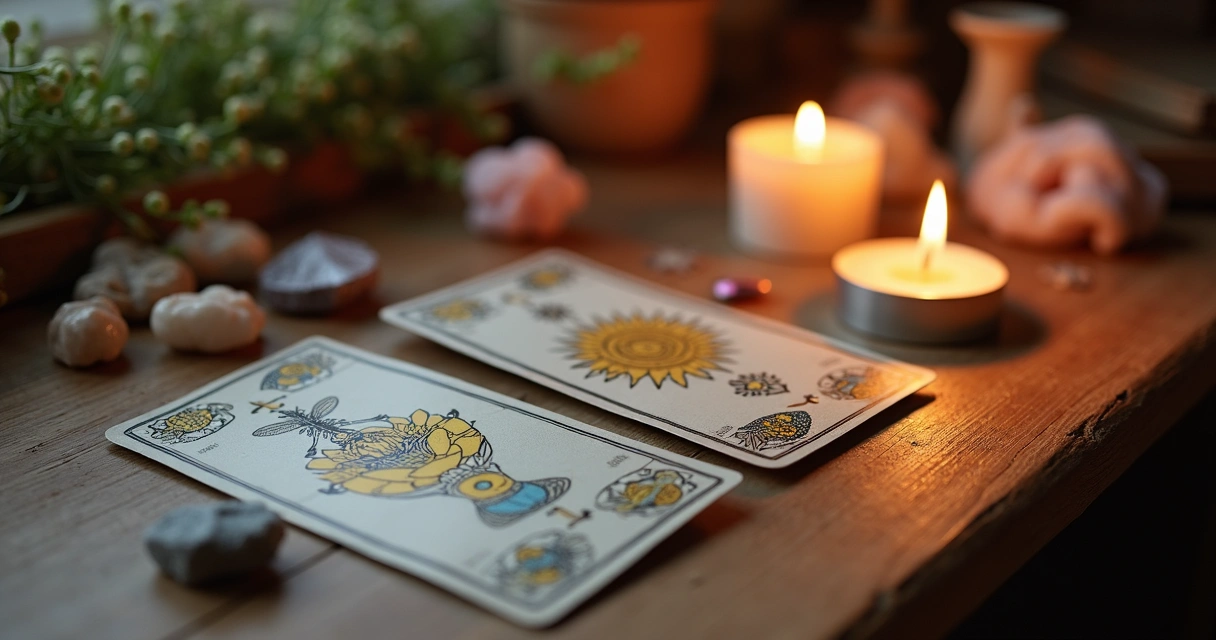 Cartas de tarot ao lado de cristais e uma vela acesa 