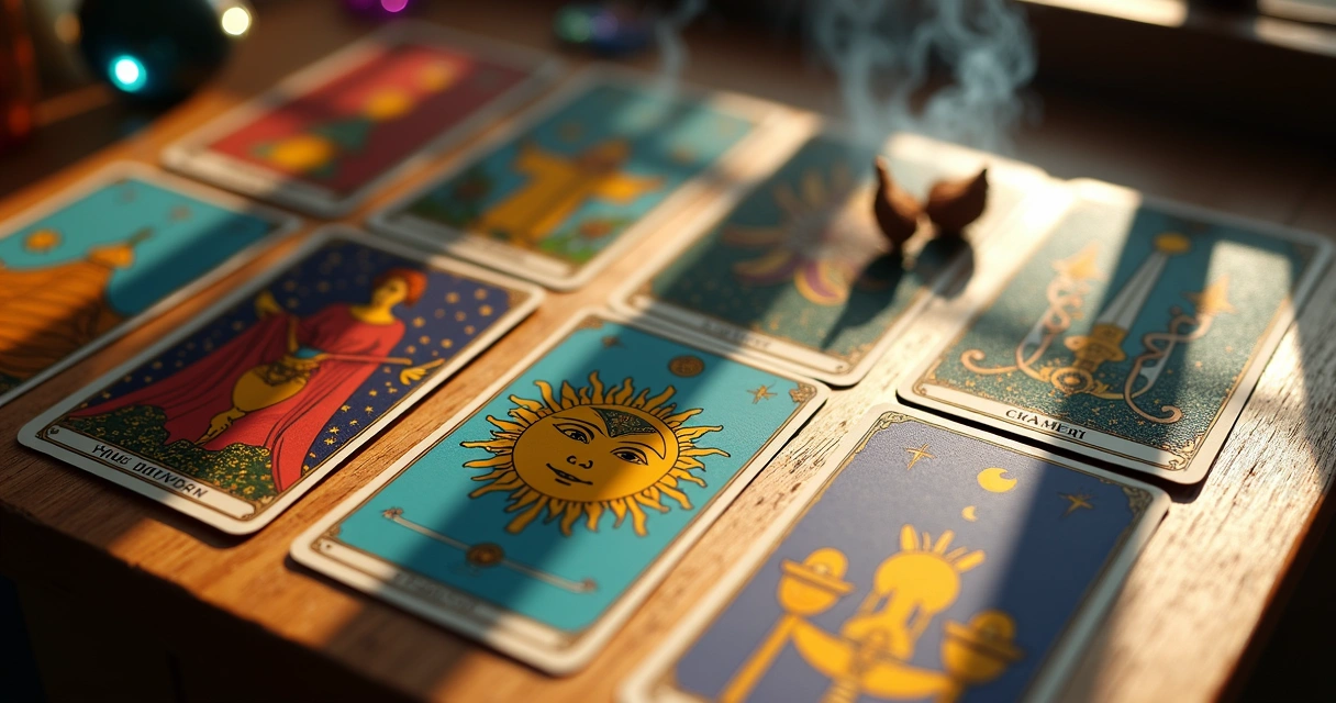 Cartas de arcanos maiores e menores organizadas sobre a mesa 