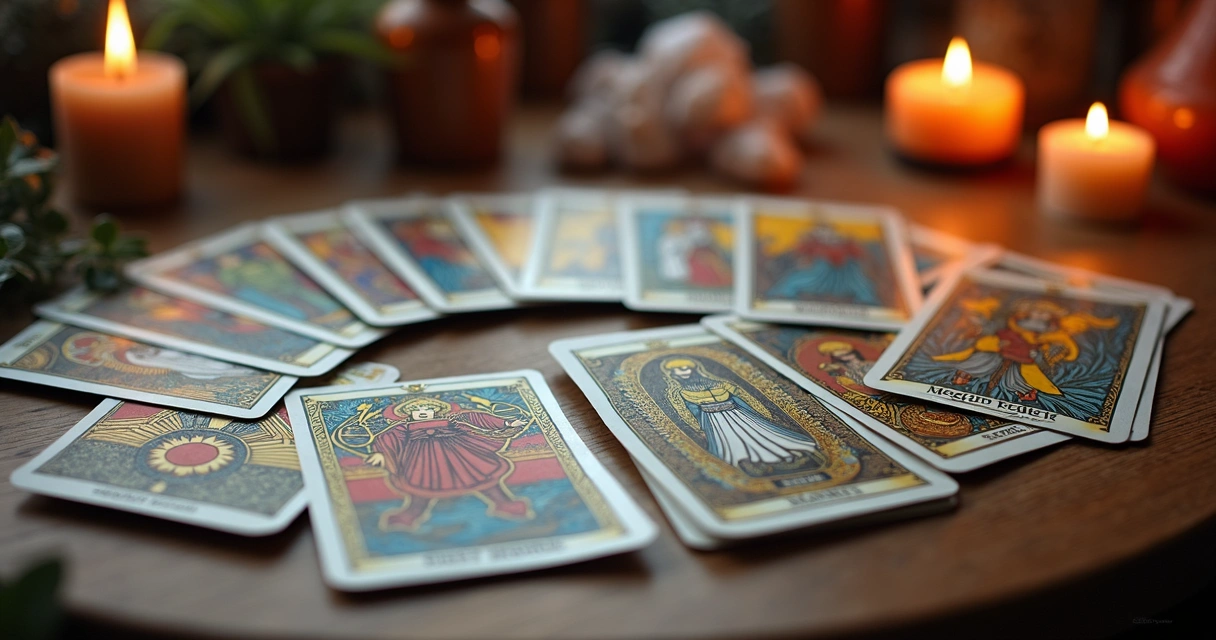 Cartas de tarot mostrando arcanos maiores e menores juntos na mesa. 
