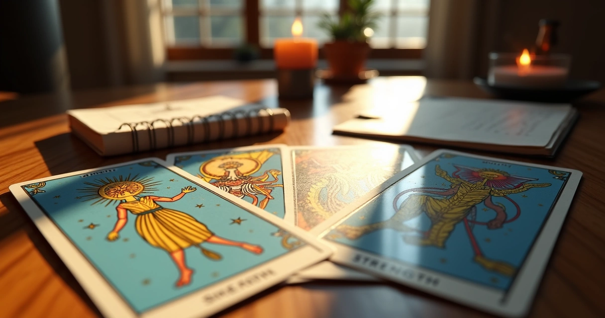 Baralho de Tarot aberto mostrando cartas como O Mago, O Sol e A Força 
