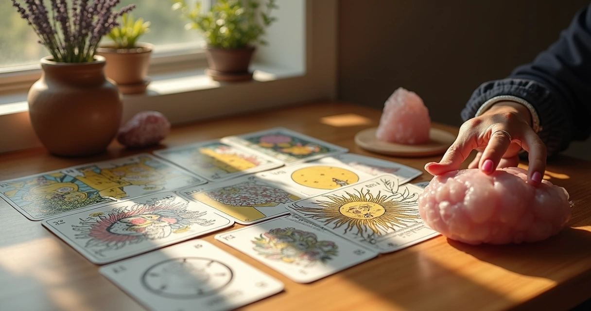 Cartas de tarot sobre uma mesa com velas acessas ao fundo 