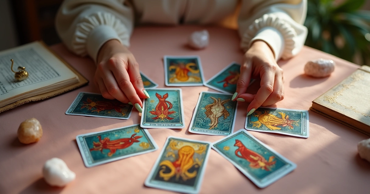 Mãos femininas girando cartas de tarot em círculo, sugerindo autodescoberta e reflexão. 