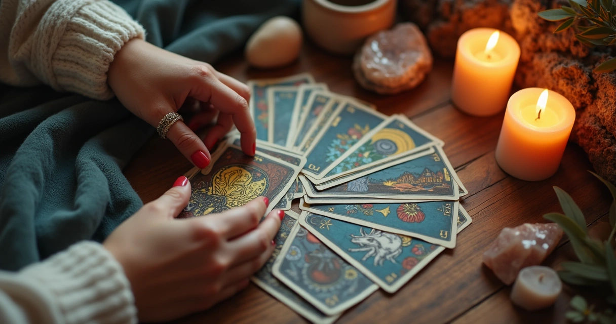 Baralho de tarot espalhado e velas acesas ao lado 